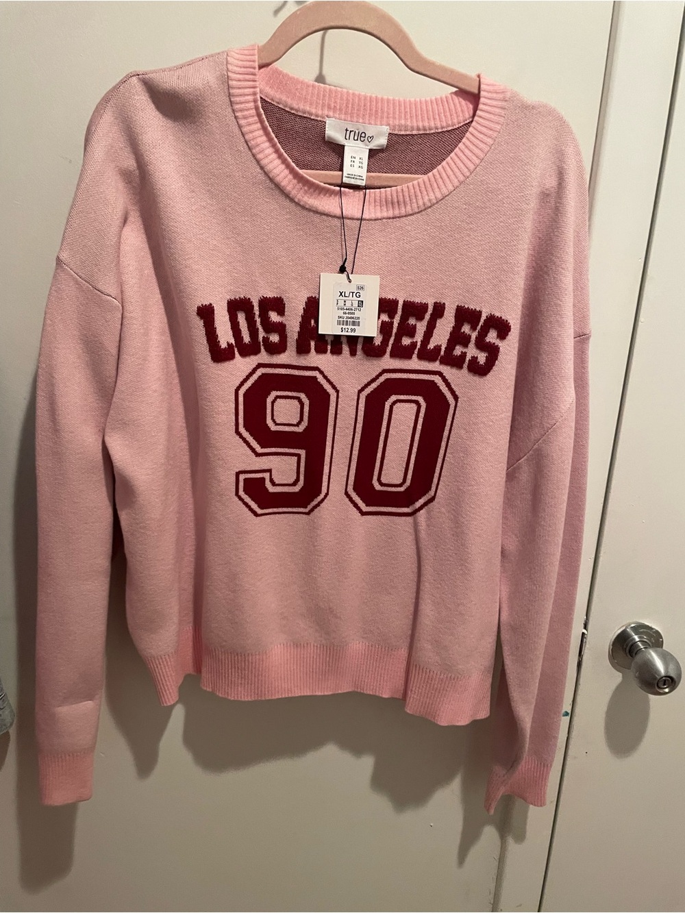 Charlotte Russe Pink Crewneck Sweater with Burgundy 'Los Angeles 90' Graphic